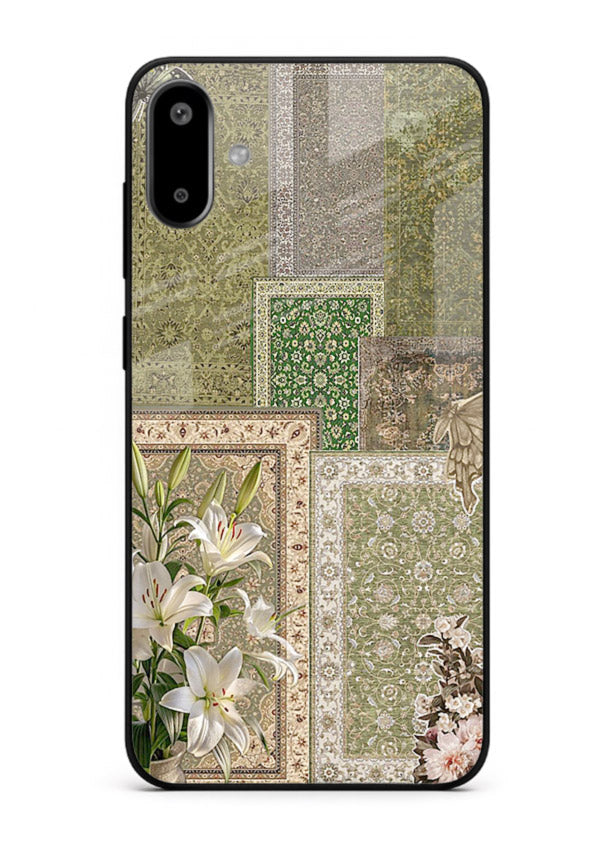 Green botanical mosaic artwork printed on glossy tempered glass Samsung F06 5G back cover