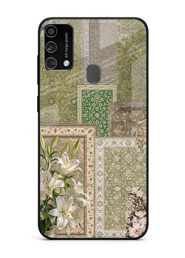 Green botanical mosaic artwork printed on glossy tempered glass Samsung F41 back cover