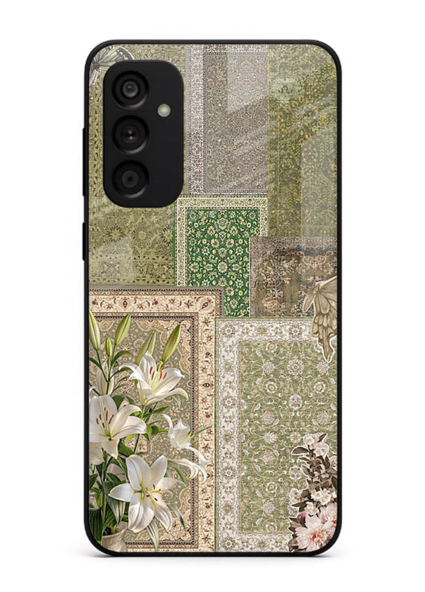 Green botanical mosaic artwork printed on glossy tempered glass Samsung A15 5G back cover