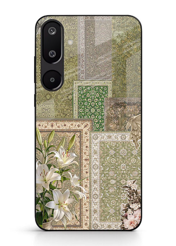 Green botanical mosaic artwork printed on glossy tempered glass Samsung F16 5G back cover