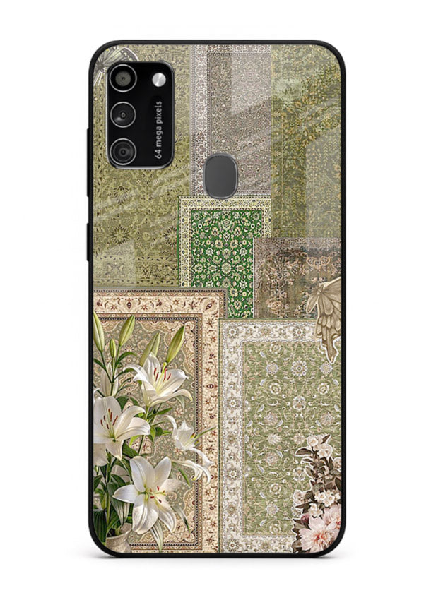 Green botanical mosaic artwork printed on glossy tempered glass Samsung M21 back cover