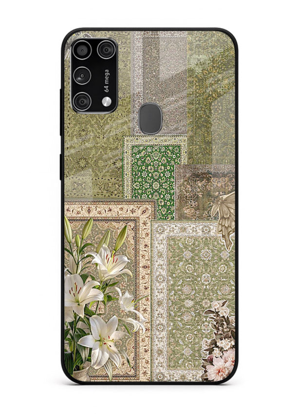 Green botanical mosaic artwork printed on glossy tempered glass Samsung M31 Prime back cover
