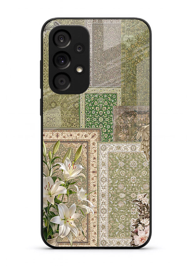 Green botanical mosaic artwork printed on glossy tempered glass Samsung M32 5G back cover