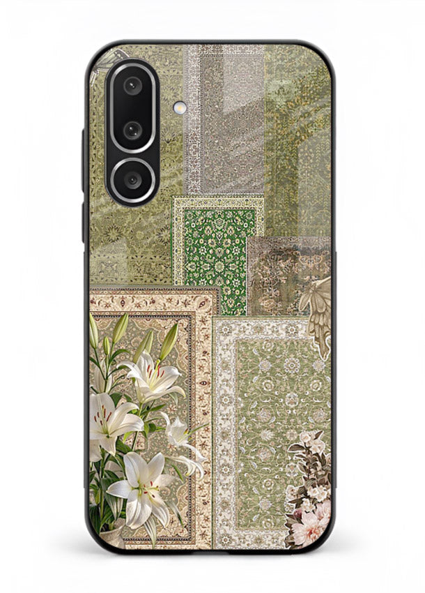Green botanical mosaic artwork printed on glossy tempered glass Samsung M36 5G back cover