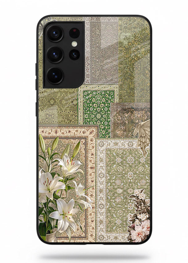 Green botanical mosaic artwork printed on glossy tempered glass Samsung S21 Ultra back cover