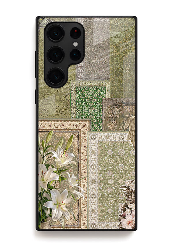 Green botanical mosaic artwork printed on glossy tempered glass Samsung S24 Ultra back cover