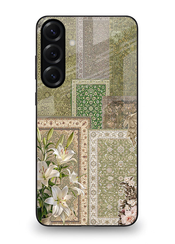 Green botanical mosaic artwork printed on glossy tempered glass Samsung A25 5G back cover