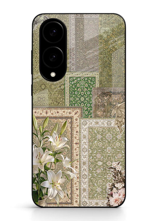 Green botanical mosaic artwork printed on glossy tempered glass Samsung S25 Edge back cover