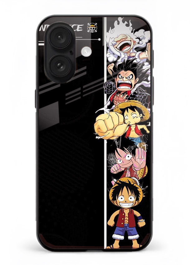 one piece split character anime art iphone 16 plus glass cover manga themed case
