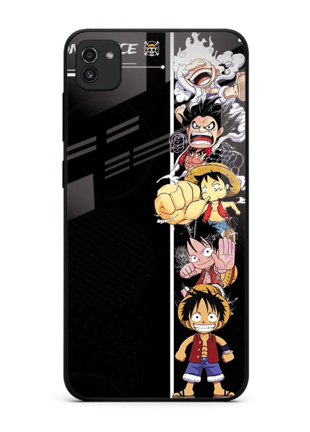 one piece split character anime art Samsung A03 glass cover manga themed case
