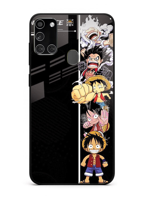 one piece split character anime art Samsung A21s glass cover manga themed case