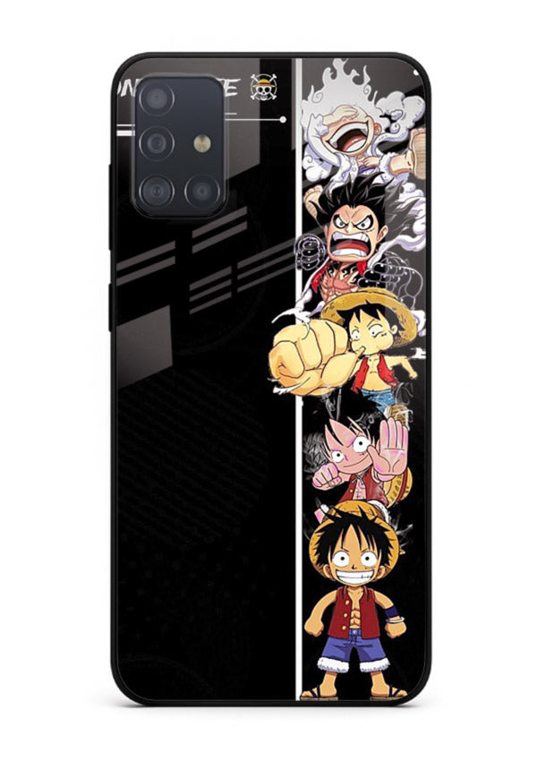 one piece split character anime art Samsung A71 glass cover manga themed case