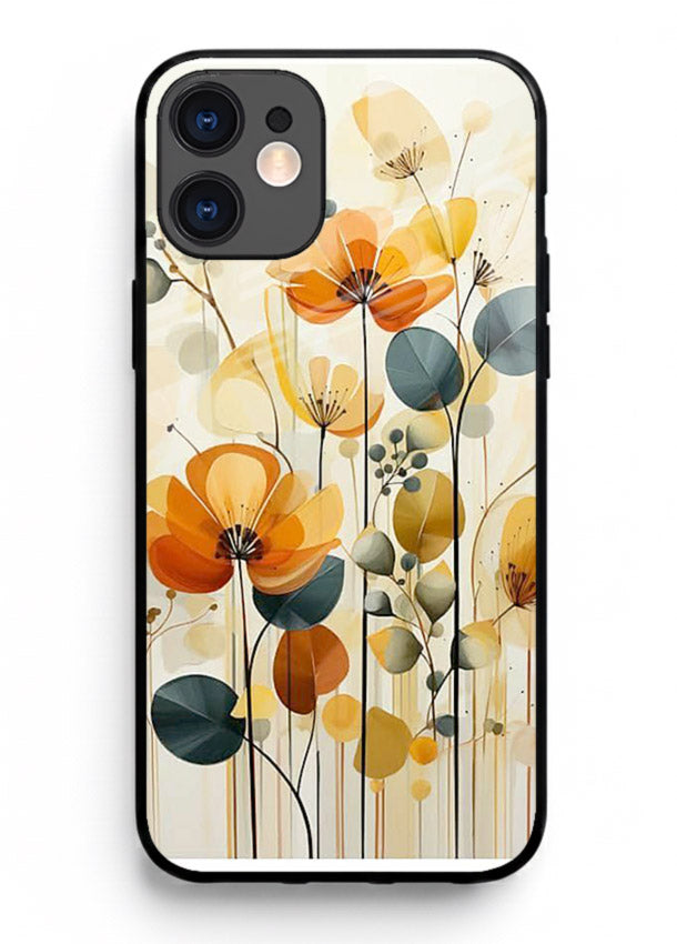 Orange blossom cluster artwork on iphone 12 mini glass back cover with warm bright botanical accents.