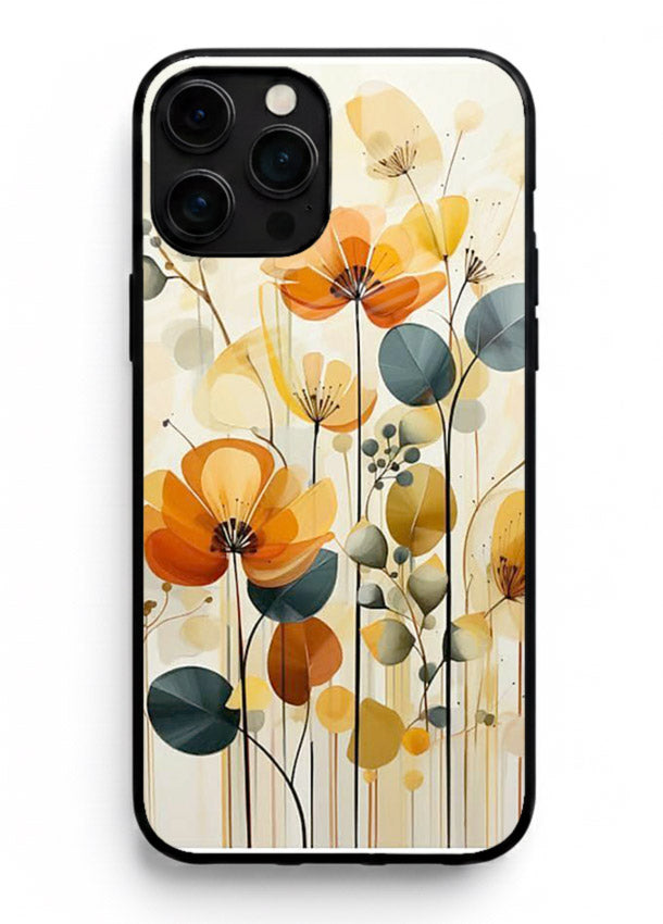 Orange blossom cluster artwork on iphone 15 pro max glass back cover with warm bright botanical accents.