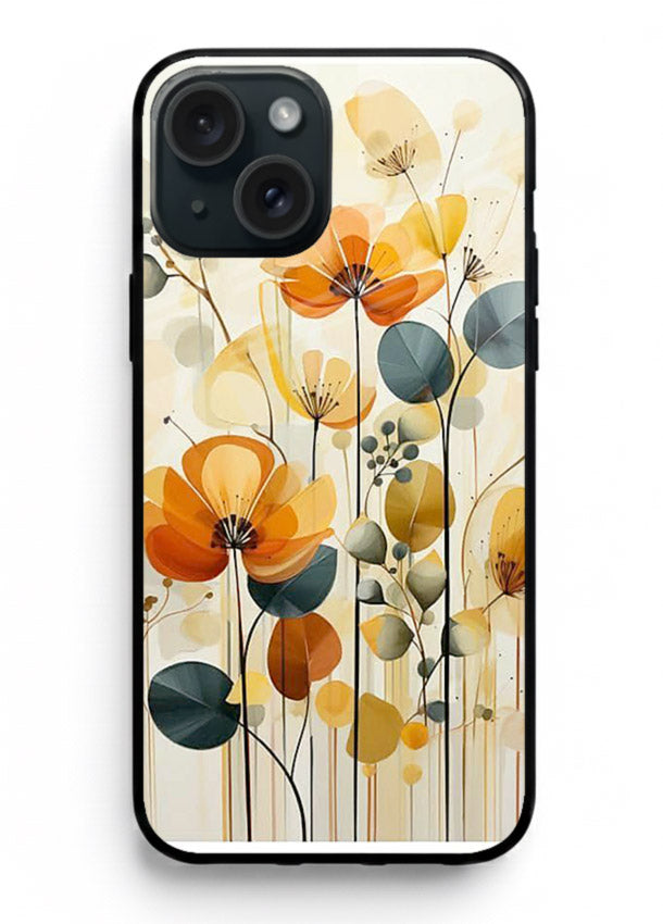 Orange blossom cluster artwork on iphone 14 plus glass back cover with warm bright botanical accents.