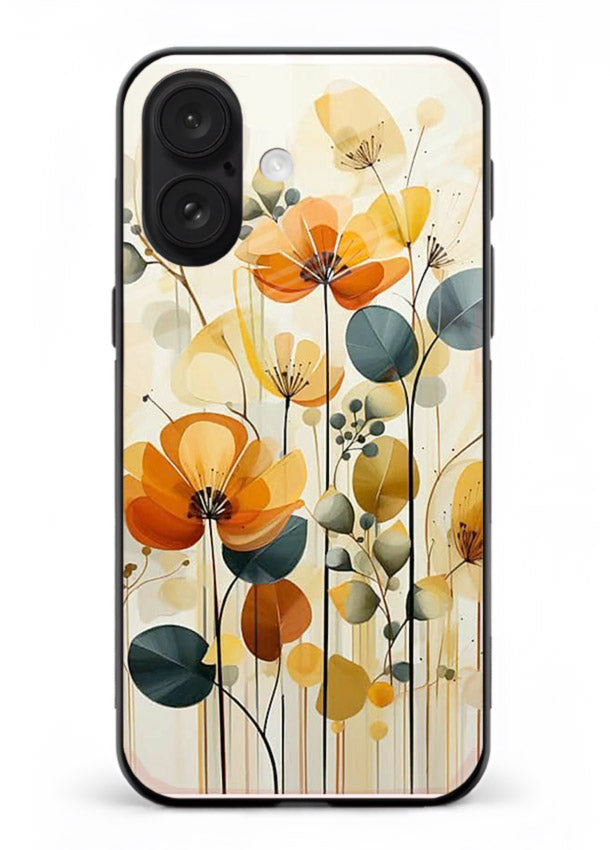 Orange blossom cluster artwork on iphone 16 glass back cover with warm bright botanical accents.