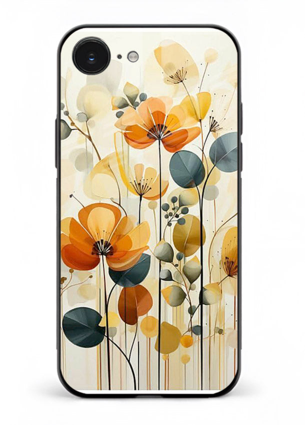 Orange blossom cluster artwork on iphone 16e glass back cover with warm bright botanical accents.