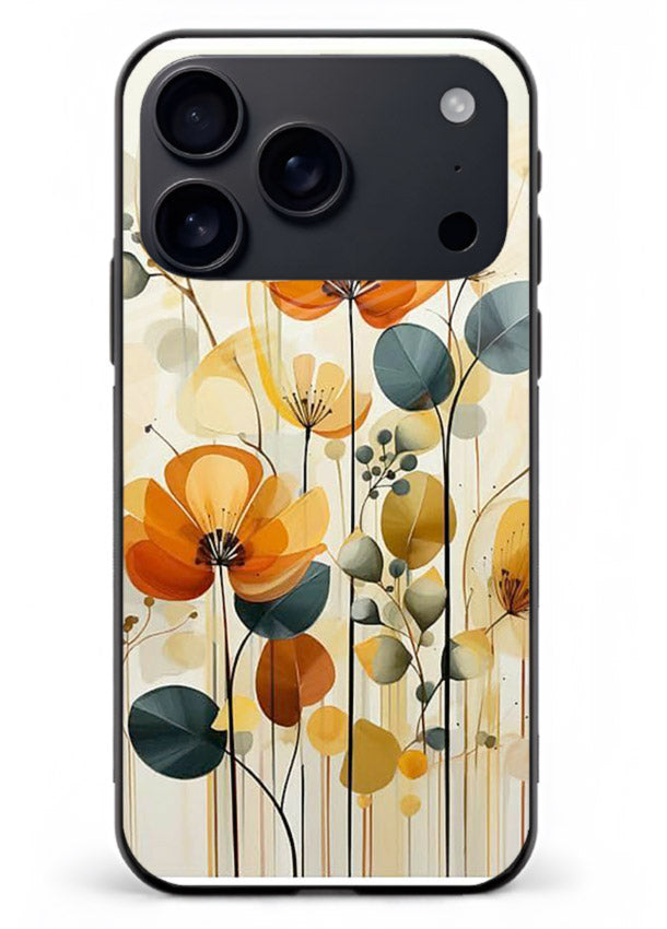 Orange blossom cluster artwork on iphone 18 pro max glass back cover with warm bright botanical accents.