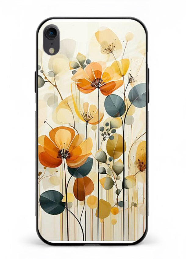 Orange blossom cluster artwork on iphone xr glass back cover with warm bright botanical accents.
