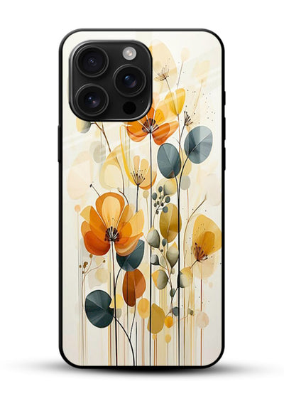 Orange blossom cluster artwork on glossy vibrant premium glass back cover with warm bright botanical accents. - Angle Front