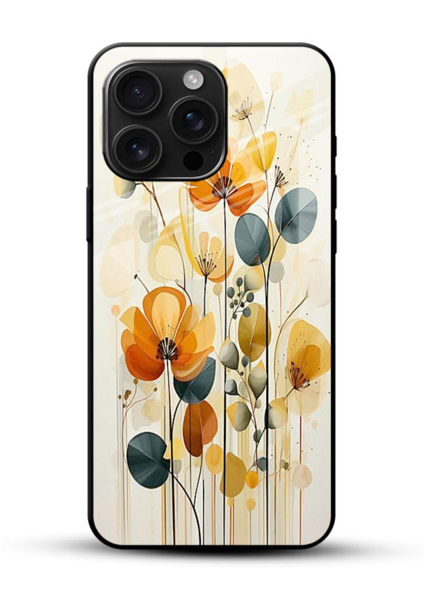 Orange blossom cluster artwork on glossy vibrant premium glass back cover with warm bright botanical accents. - Angle Front