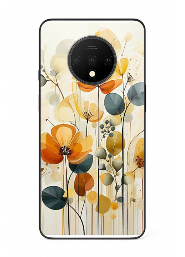 Orange blossom cluster artwork on OnePlus 7T glass back cover with warm bright botanical accents.