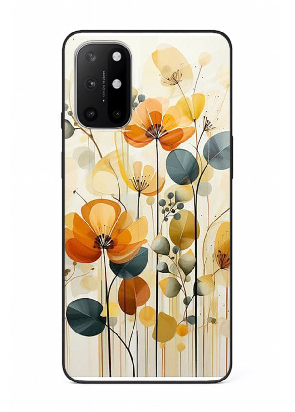 Orange blossom cluster artwork on OnePlus 8T glass back cover with warm bright botanical accents.
