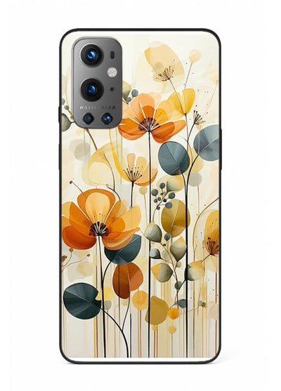 Orange blossom cluster artwork on OnePlus 9 glass back cover with warm bright botanical accents.