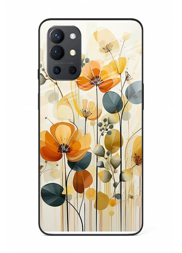 Orange blossom cluster artwork on OnePlus 9R glass back cover with warm bright botanical accents.