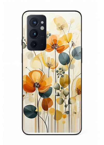 Orange blossom cluster artwork on OnePlus 9RT glass back cover with warm bright botanical accents.