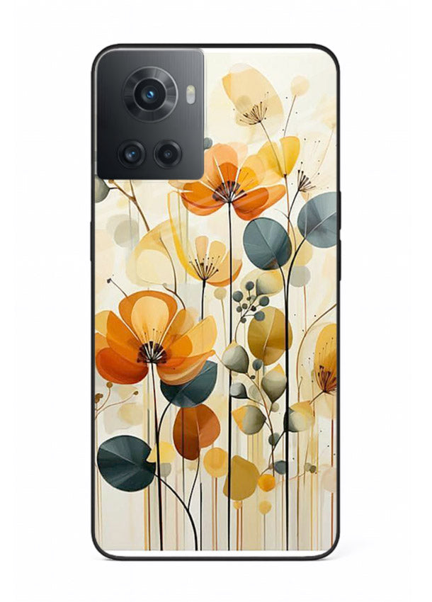 Orange blossom cluster artwork on OnePlus 10R glass back cover with warm bright botanical accents.