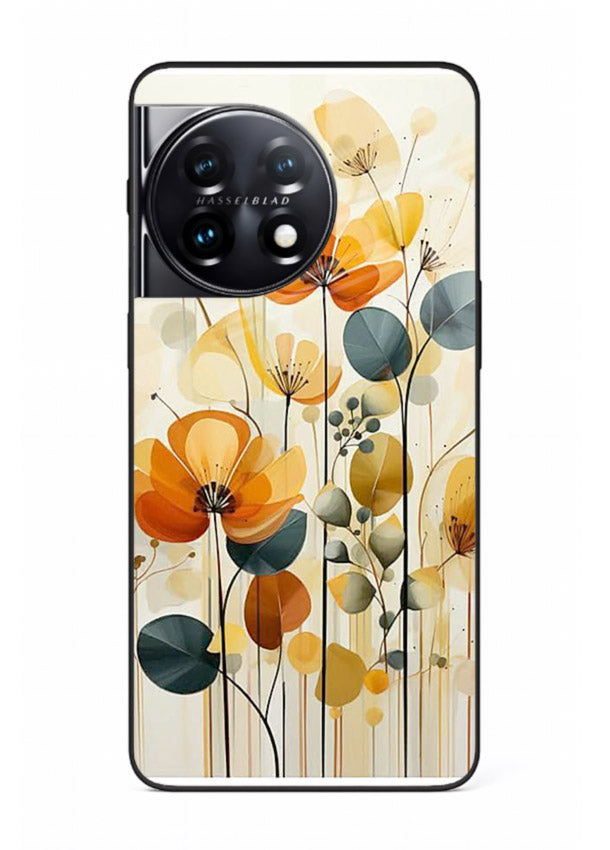 Orange blossom cluster artwork on OnePlus 11R glass back cover with warm bright botanical accents.