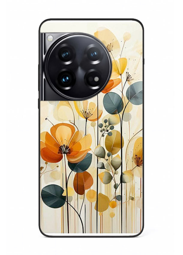 Orange blossom cluster artwork on OnePlus 12 glass back cover with warm bright botanical accents.