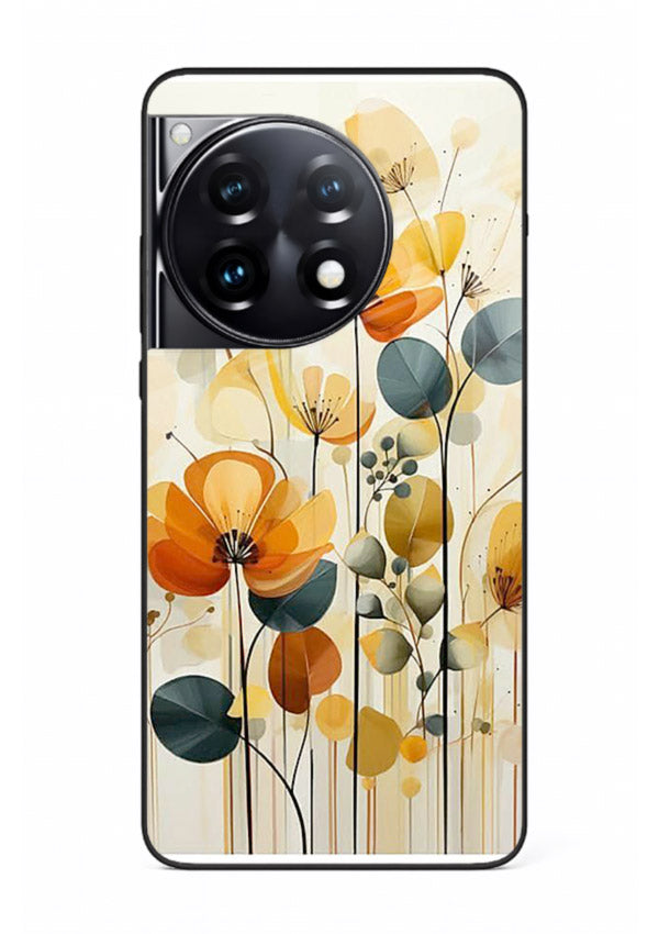 Orange blossom cluster artwork on OnePlus 12R glass back cover with warm bright botanical accents.