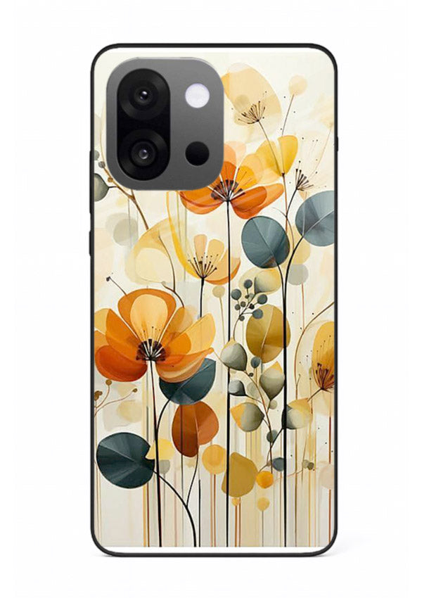 Orange blossom cluster artwork on OnePlus 13s glass back cover with warm bright botanical accents.