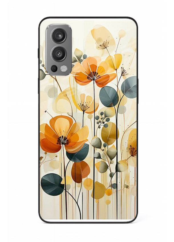 Orange blossom cluster artwork on OnePlus Nord 2 glass back cover with warm bright botanical accents.
