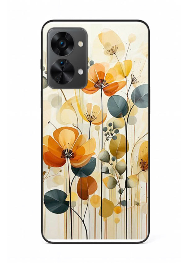 Orange blossom cluster artwork on OnePlus Nord 2T glass back cover with warm bright botanical accents.