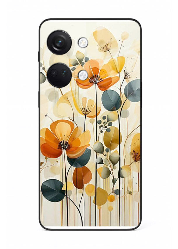 Orange blossom cluster artwork on OnePlus Nord 3 glass back cover with warm bright botanical accents.