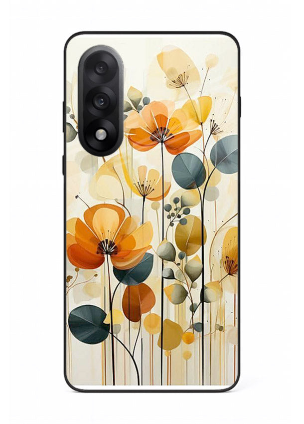 Orange blossom cluster artwork on OnePlus Nord 5 glass back cover with warm bright botanical accents.