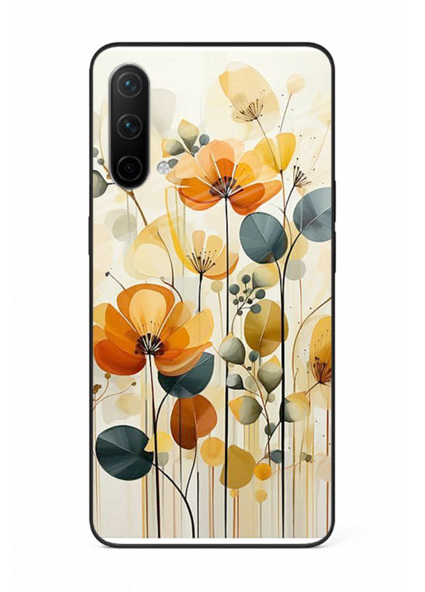 Orange blossom cluster artwork on OnePlus Nord CE 5G glass back cover with warm bright botanical accents.