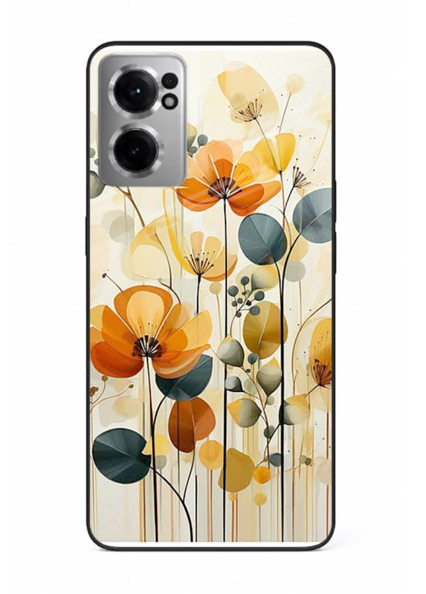 Orange blossom cluster artwork on OnePlus Nord CE2 5G glass back cover with warm bright botanical accents.