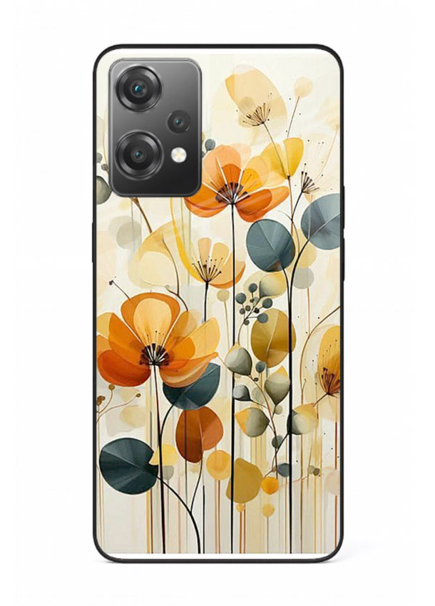 Orange blossom cluster artwork on OnePlus Nord CE2 Lite 5G glass back cover with warm bright botanical accents.