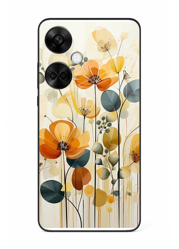 Orange blossom cluster artwork on OnePlus Nord CE3 glass back cover with warm bright botanical accents.