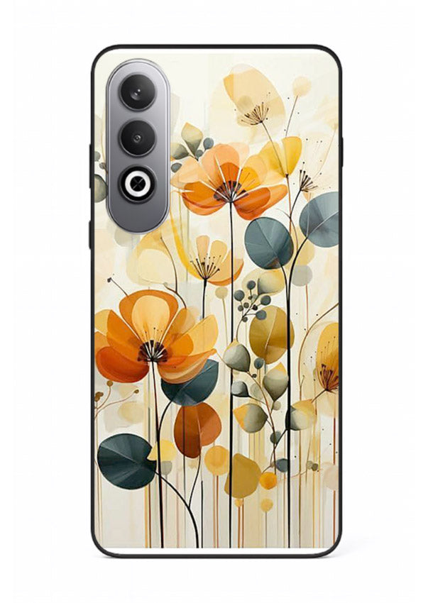 Orange blossom cluster artwork on OnePlus Nord CE4 glass back cover with warm bright botanical accents.