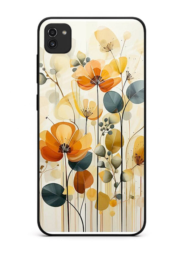 Orange blossom cluster artwork on Samsung A03 glass back cover with warm bright botanical accents.