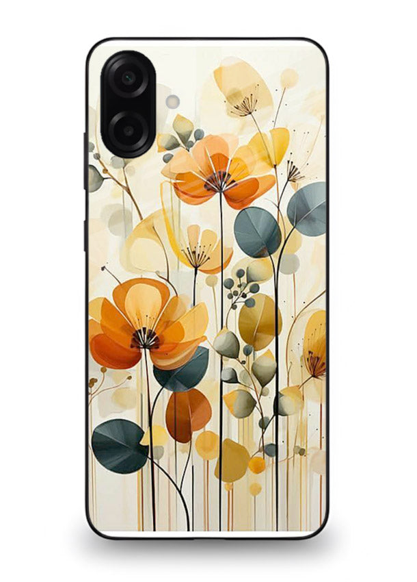 Orange blossom cluster artwork on Samsung A07 4G glass back cover with warm bright botanical accents.