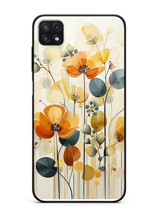 Orange blossom cluster artwork on Samsung F42 5G glass back cover with warm bright botanical accents.