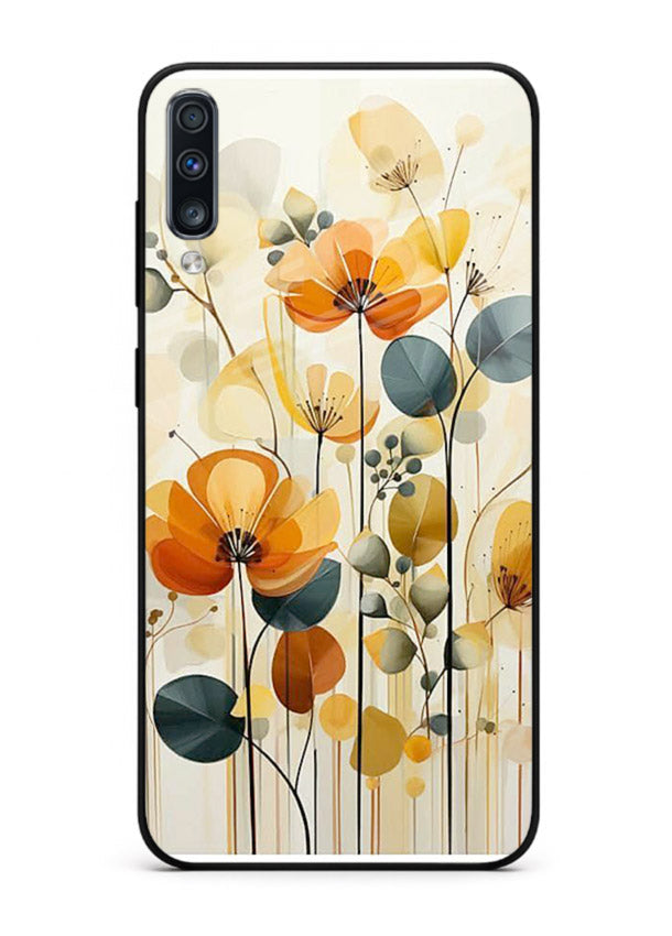 Orange blossom cluster artwork on Samsung A50 glass back cover with warm bright botanical accents.