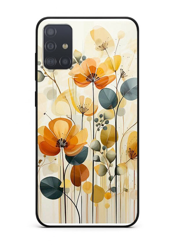 Orange blossom cluster artwork on Samsung A71 glass back cover with warm bright botanical accents.