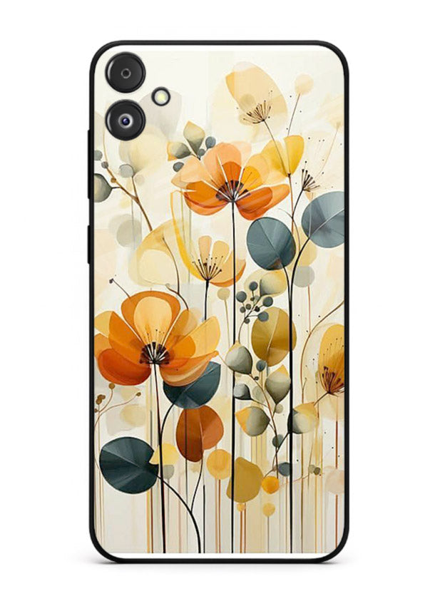 Orange blossom cluster artwork on Samsung F04 5G glass back cover with warm bright botanical accents.